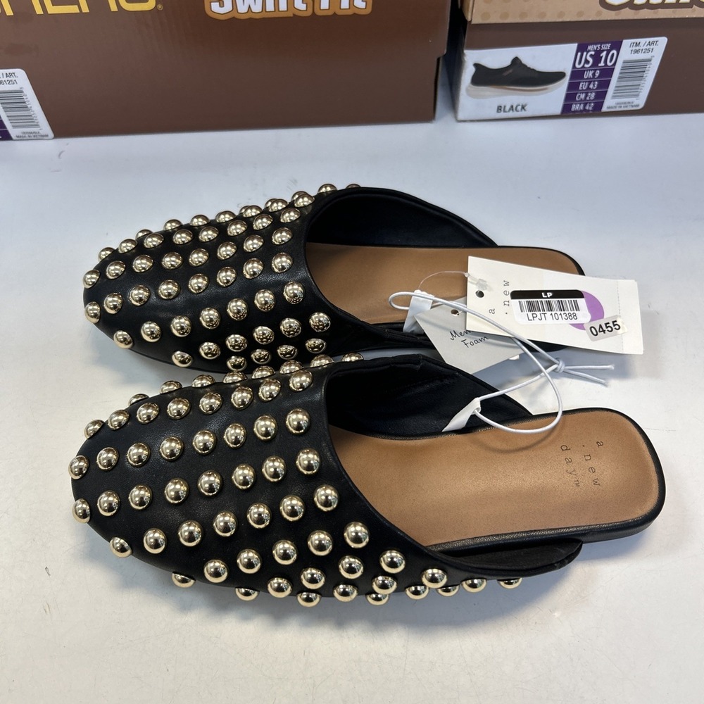 A New Day Channing Studded Slide Mules Jet Black Gold Studs 6.5 096 22 7897
